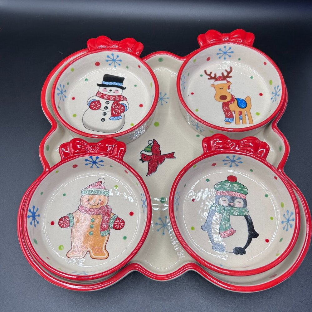 Temp-Tations Winter Whimsy White Red Trim Tray & Bowls Serving Set 5 pc